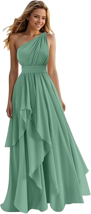 A Line One Shoulder Bridesmaid Dresses for Wedding Ruffles Chiffon Long Formal Evening Party Gowns with Pockets