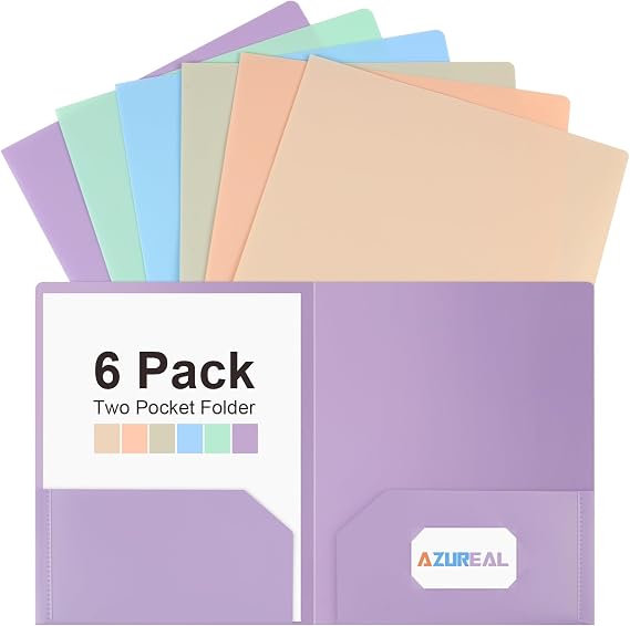 AZUREAL 6 Pack Colored Folders with Pockets and Removable Labels Sticker, Plastic Pocket Folders, Durable Heavy Duty 2-Pocket File Folders for School, Home, Office