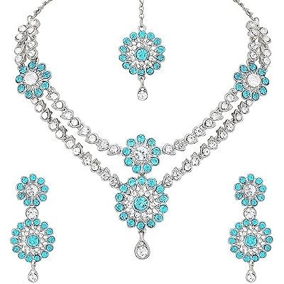 Rockland fashion Blue Stones Jewellery Set for Women with Earrings and Maang Tikka for Wedding, Party, Engagements & Festivals