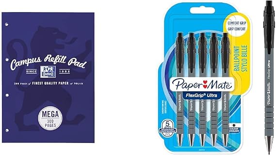 MEGA 300 Pages A4 Lined Paper Refill Pad with Margin, Navy, Pack of 1 & Paper Mate Flexgrip Ultra Retractable Ballpoint Pens | Medium Point (1.0mm) | Black | 5 Count