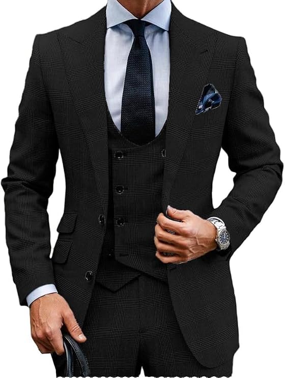 MoranX Casual Men's Suits Regular Fit 3 Piece Double Breasted Wool Plaid Tuxedos Business Blazer+Vest+Pants Wedding
