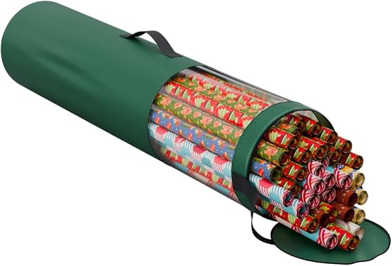 Gift Wrapping Paper Storage Organizer Bag, Store Up To 24 Rolls 40 Inch, Heavy Duty Polyester plus PVC Clear Bag with Handles and Zippered Top for Gift Wrap and Ribbons (Green)