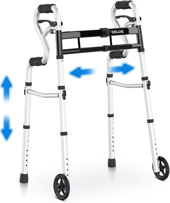 Delog Narrow Folding Walker for Seniors, 3 in 1 Folding Walker with 5 Front Wheels Width Adjustable Compact Standard Walker Support Up to 350lbs (Black)