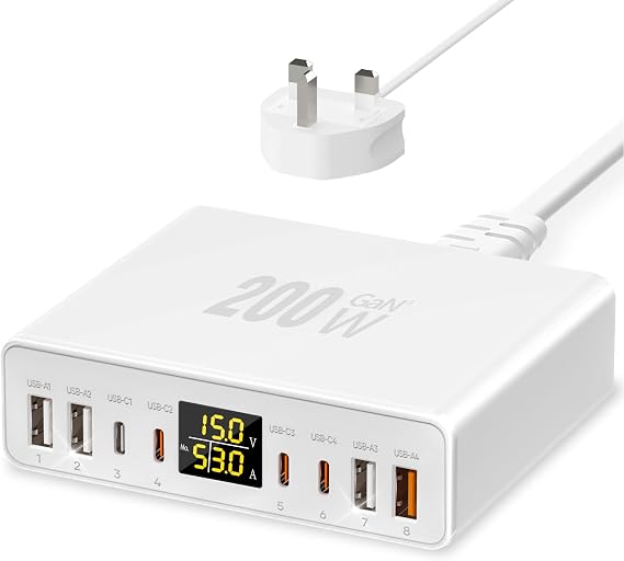 200W USB C Charger 8-Port with LED Display, USB Charging Station GaN