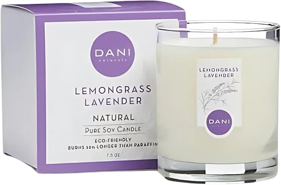 DANI Naturals Lemongrass Lavender 100% Soy Wax Candle, Non-Toxic, 7.5oz | Vegan,soy wax candle,Clean-burning with organic cotton wick,Calming lemongrass lavender scent,Made in USA