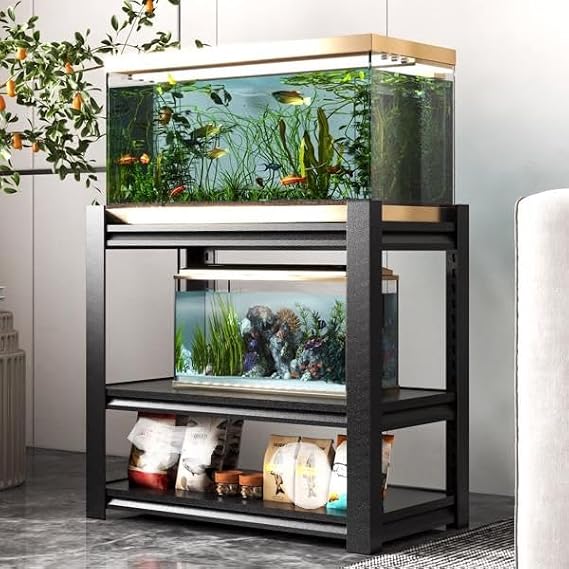 JHshop Black 40-50 Gallon Fish Tank Stand: Large Metal Frame Double Aquarium Stands for Fish Tank Accessories Storage | Reptile Tank Table Stand 31.5 "L x 18 "W x 34" H Adjustable