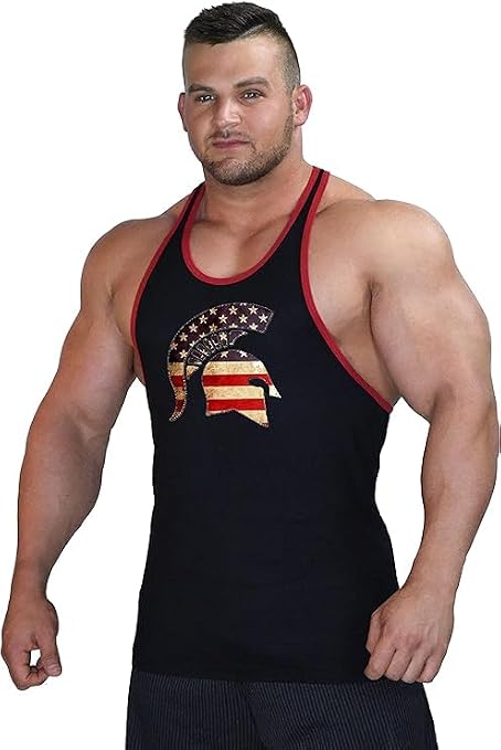 Men's Black with Red Trim Bodybuilding, Weight Lifting, Y-Back, Gym Fitness, Workout, Training, Tank Top with Spartan Design