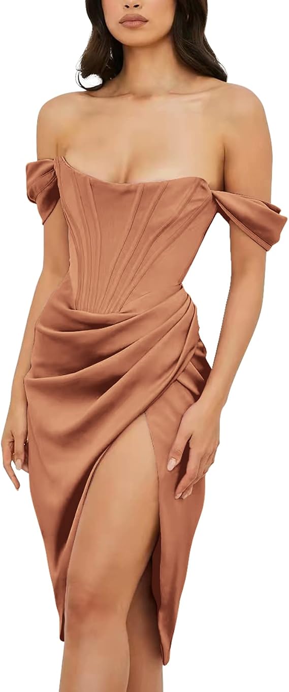 Womens Off Shoulder Split Bustier Corset Satin Dress Strapless Backless High Slit Bodycon Ruched Cocktail Party Dress