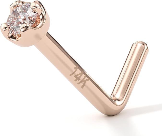 Body Candy 14k Solid Gold Moissanite Nose Ring Stud Real Gold Nose Stud with Sparkly 2mm Moissanite, Hypoallergenic L-Shape Nostril Piercing Jewelry for Women & Men, 18G & 20G