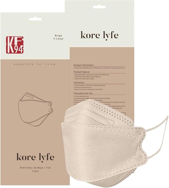 BEIGE X-LARGE [10 PCS] 25% LARGER KF94 Face Mask [Made in Korea] In 5 PCS Reclosable Package Breathable Premium Quality [Package in English]