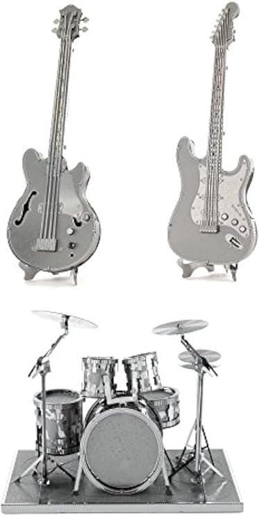 Metal Earth 3D Laser Cut Steel Models - Drum Set, Base Guitar AND Lead Electric Guitar = SET OF 3