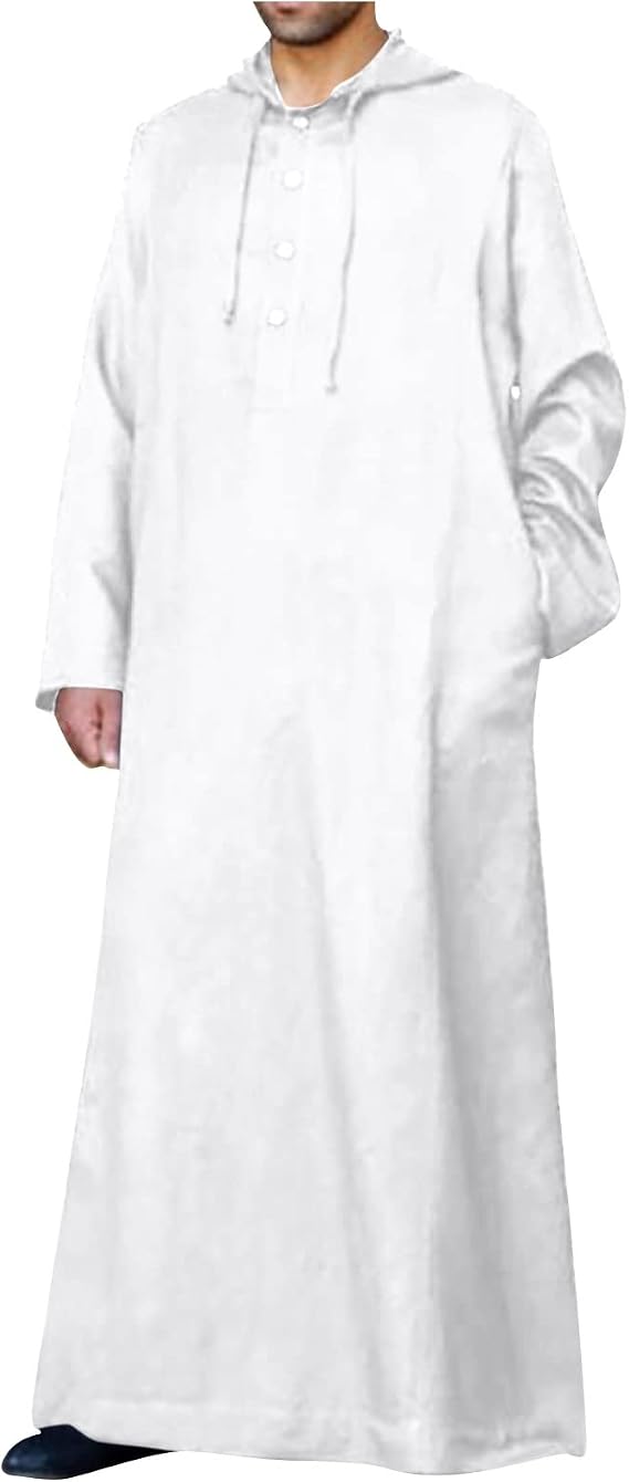 Muslim Thobe for Men with Hood Casual Long Sleeve Arabic Clothes Ramadan Big and Tall Thobes for Men Islam