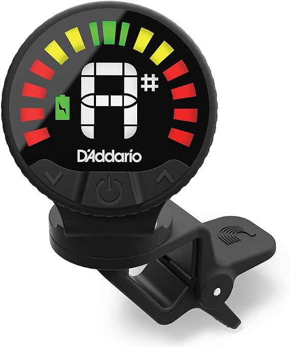 D'Addario Nexxus 360 Rechargeable Clip-On Guitar Tuner | Rechargeable clip-on tuner with a 360-degree rotating head and 24 hours of tuning per charge for acoustic & electric guitar.