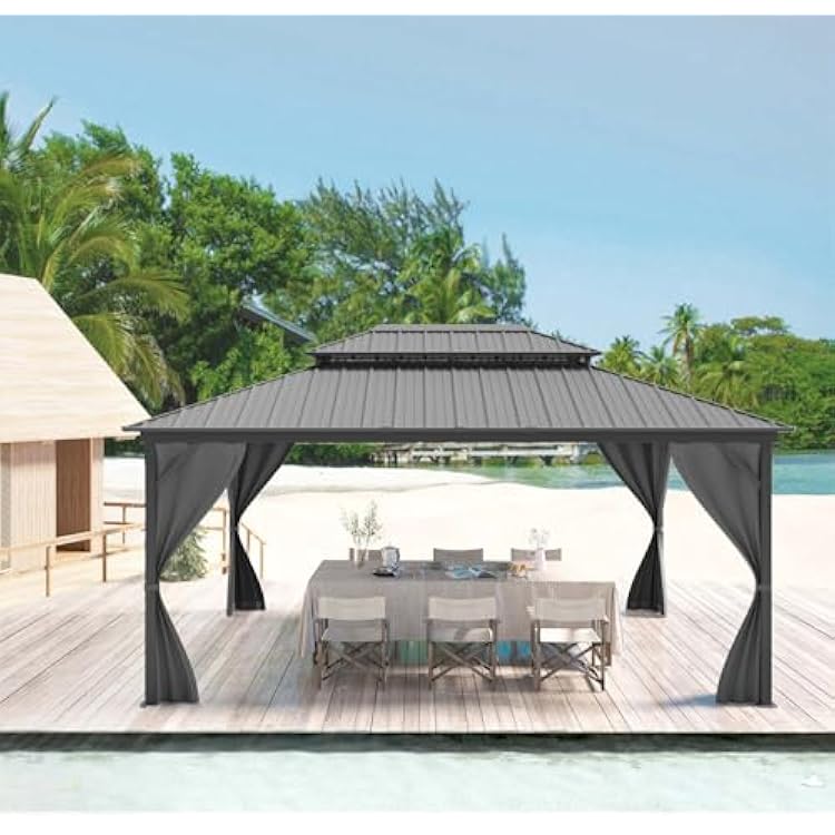 Hardtop Gazebo 12x16FT,Aluminum Heavy Duty Gazebo with Double Roof,Netting and Curtains,All Weatherproof Permanent Pavilion for Garden, Parties,Backyard, Deck Grey