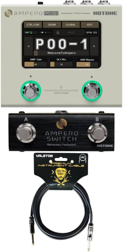 HOTONE Ampero Mini MP50VN and Ampero FS-1 Dual Footswitch and Valeton VGC-3 10ft Premium Instrument Cable bundle