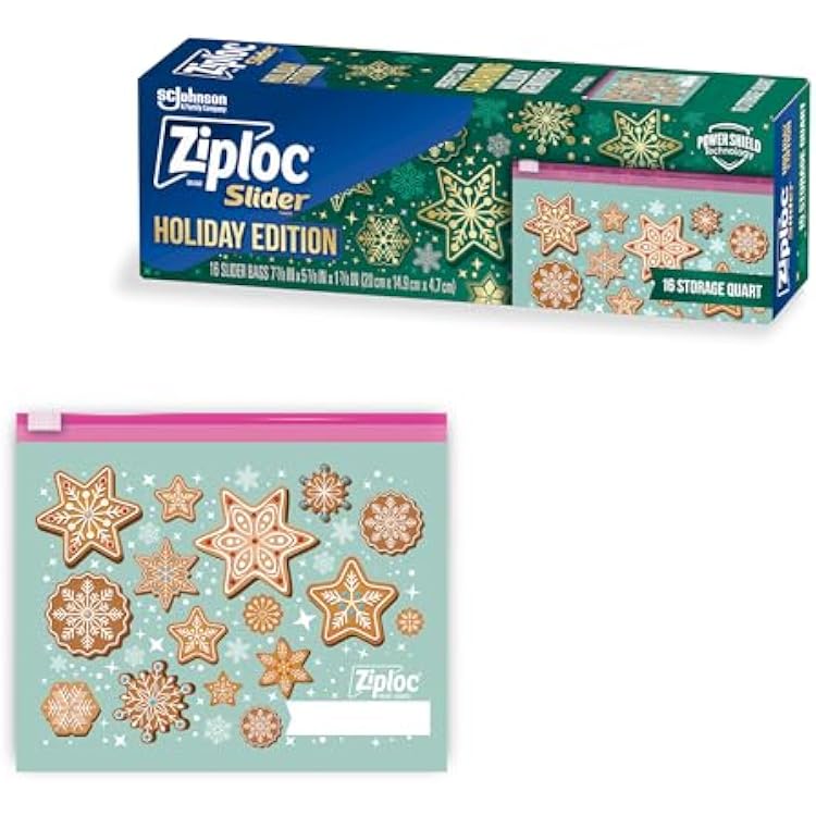 Ziploc Gallon Food Storage Slider Bags, Power Shield Technology For More Durability, 12 Count, Holiday Designs, Packaging May Vary