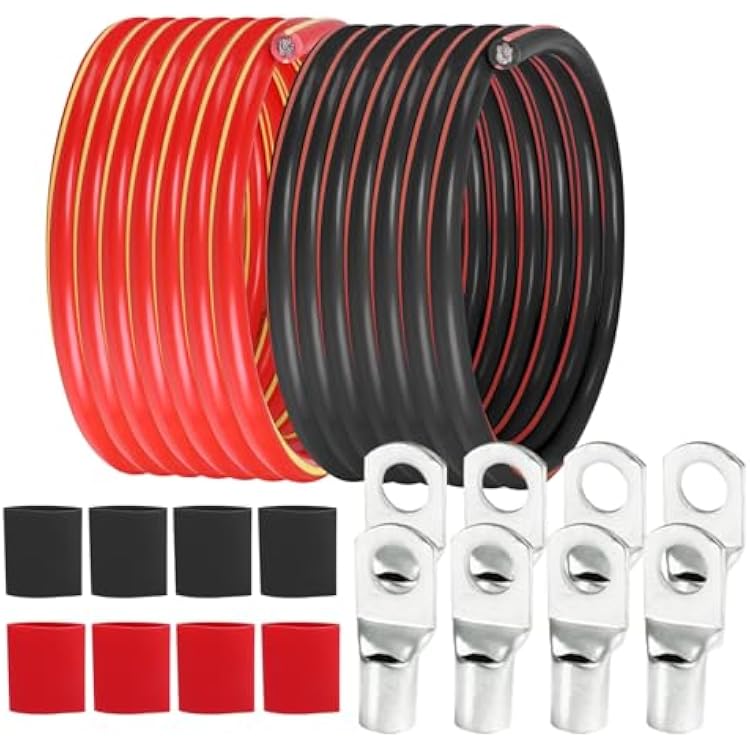 2 Gauge Battery Cable 12.5 Feet Black, 12.5 Feet Red - Copper Clad Aluminum Welding Wire with M8 & M10 Connector Lugs for Car, Truck, Camper, RV, Marine, Solar