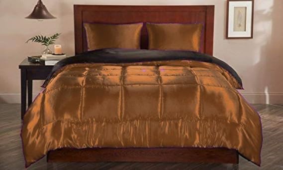 Soft Satin Silk 3 Piece Brown Warm Twin Bedding Comforter Set (Comforter 64'' x 88'' & 2 Pillowcases) Bed in Bag Quilt Duvet Insert Bedding Set