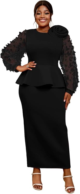 AOMEI Women's Elegant Butterfly Mesh Bishop Long Sleeve Round Neck Peplum Bodycon Evening Cocktail Maxi Dress with Flower