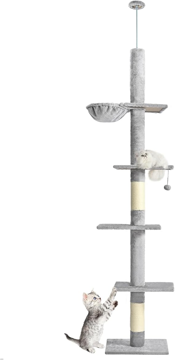 Cat Craft Slim 5-Tier Floor-to-Ceiling Cat Tower, Adjustable 98-110 Inch Space-Saving Tall Cat Tree, Equipped with Hammock, Sisal Scratching Posts, Platforms & Hanging Toys for Large Cats