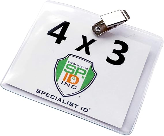 2 Pack - Premium Event Badge Holder 4x3 with Clothing Friendly Clip - Clear Vinyl Plastic Top Load 3x4 Horizontal Name Tag Protector Sleeve for Work Meeting, Conference by Specialist ID
