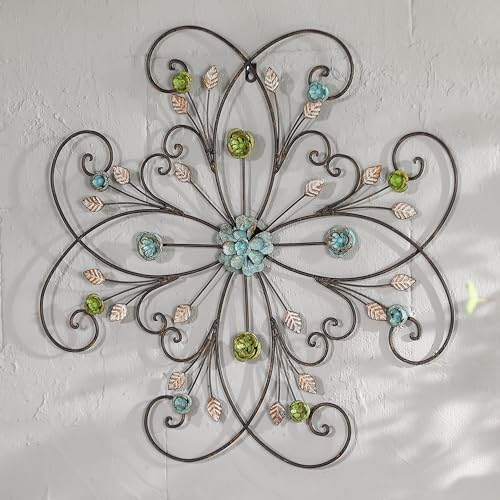 Phaxth 24 Metal Flower Wall Art Decor with Rust Leaf, Large Scroll Outdoor Wall Art Decor