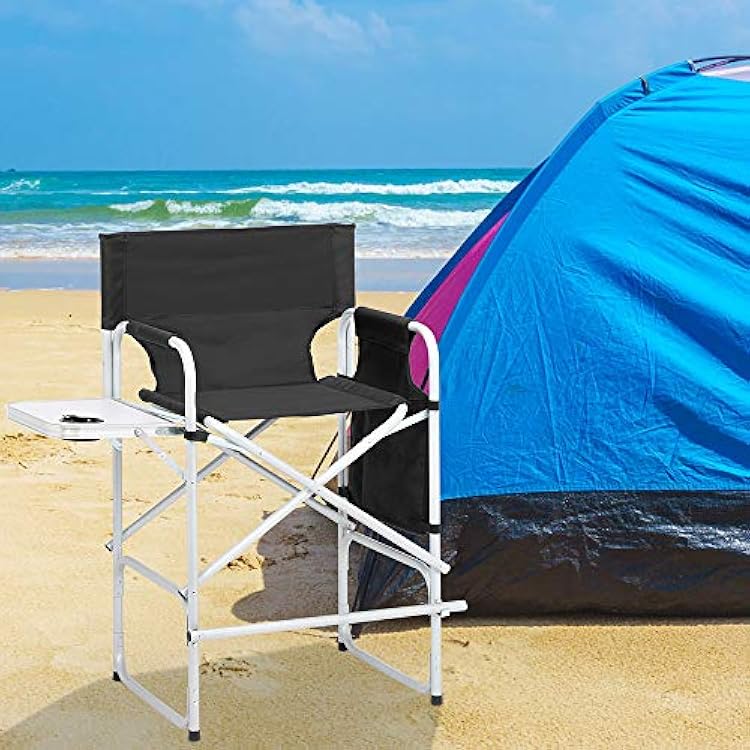 Black Folding Chair Directors Chair High Foldable Bar Stool for Makeup Artist Face Painting with Side Table Cup Holder,Folding high Chair.Directors Chair - Outdoor Folding Chairs,Camping Furniture