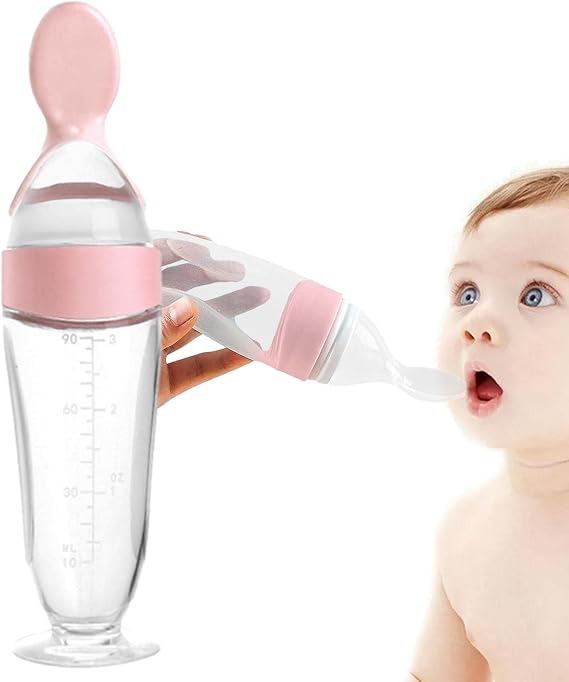 Silicone Baby Feeder - Baby Food Dispensing Spoon, Silicone Baby Spoon Food Feeder Bottle for Babies Over 3 Months, Blue/Pink Hiyoyo