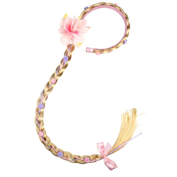 Nydotd Princess Dress up Costume Wig Long Hair Princess Braided Wigs Headband with Flowers Hair Hairpiece Accessories (Pink)