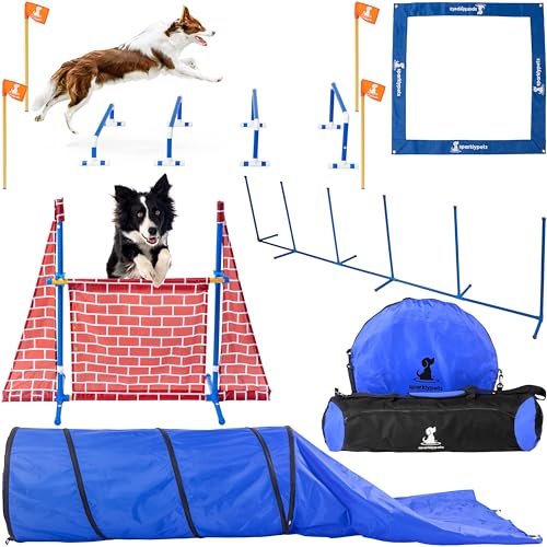SparklyPets Premium 5 pcs Agility Training Equipment for Indoor & Outdoor Fun Dog Obstacle Agility Course Backyard Set with Castle Jump, Long Jump, Weave Poles, Pause Box & Closed Tunnel