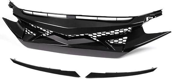 GRAND ORANGE Front Bumper Hood Grill Mesh Grille + Hood Bumper Nose Trim Cover Compatible with Honda Civic 10th Gen 2016 2017 2018 Battle Style Glossy Black | Front Bumper Hood Grill Mesh Grille + Hood Bumper Nose Trim Cover Battle Style Glossy Black