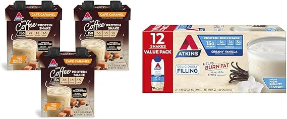AtkinsCafe Caramel Iced Coffee Protein Shake, 15g Protein, Low Glycemic, 3g Net Carb, 1g Sugar & Creamy Vanilla Protein Shake, 15g Protein, Low Glycemic, 2g Net Carb, 1g Sugar, Keto Friendly