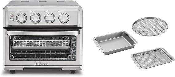 Cuisinart Air Fryer + Convection Toaster Oven, 8-1 Oven with Bake, Grill, Broil & Warm Options, Stainless Steel, TOA-70 & AMB-TOB4 Toaster Oven Baking Pan 4-Pc Set
