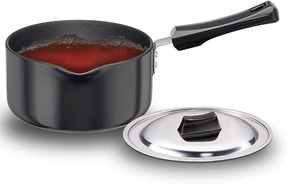 Futura Induction Hard Anodised Induction Base Sauce Pan with Steel Lid and Ezee-Pour Spout, 2 L, Small, Black