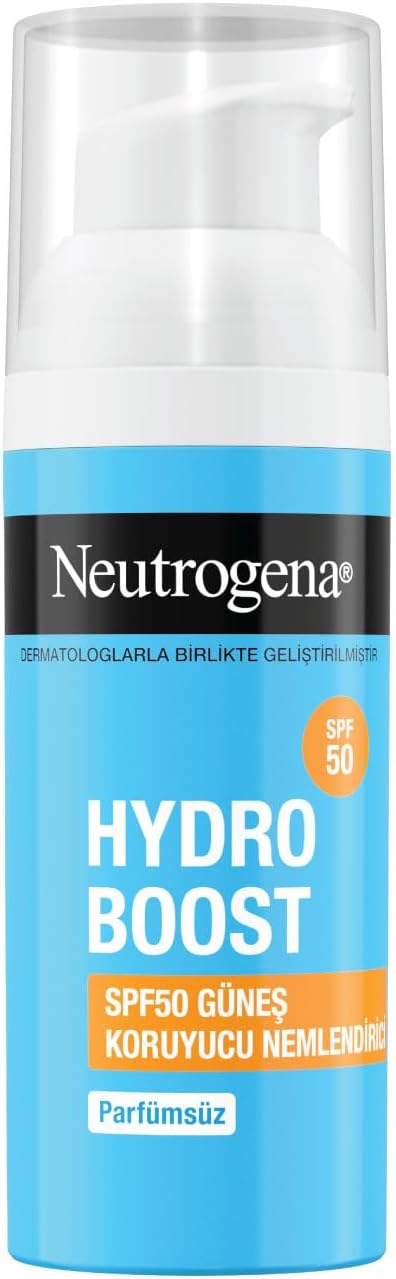 Neutrogena – Nemlendirici Fluid Hydro Boost SPF 50 (50 ml pompalı şişe) — Hyalüronik asit, provitamin B5 ve niasinamid içeren yüz bakımı — Güneş korumalı nemlendirici bakım