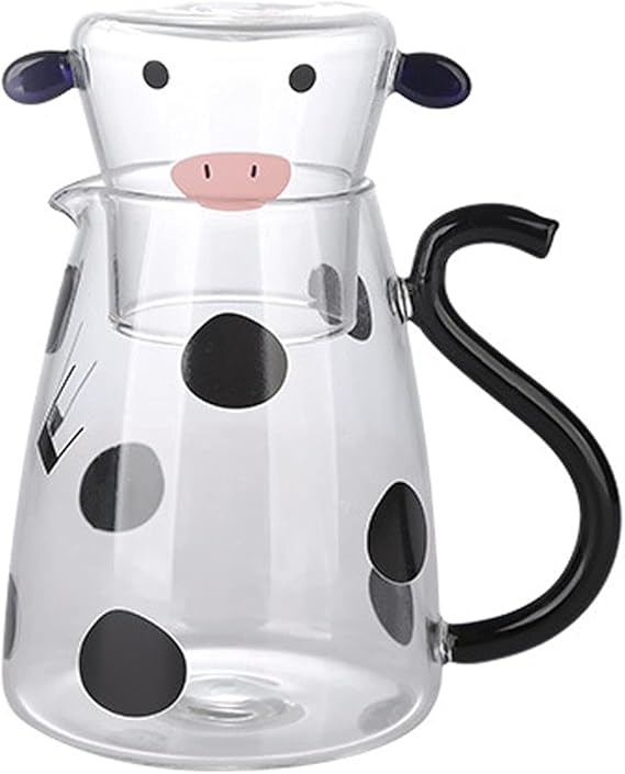 Cartoon Cow Clear Glass Bedside Night Water Carafe Set with Tumbler, Pitcher And Cup Night Set