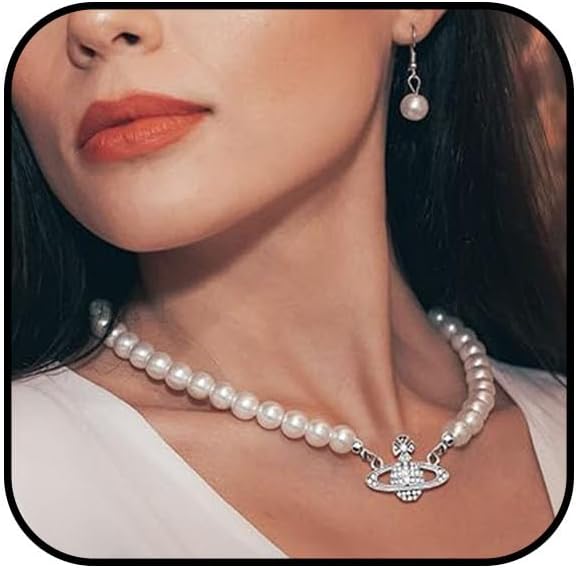 Pearl Necklace for Women Rhinestone Artificial Planet Saturn Pearl Necklace Artificial Pearl Necklace Y2k Pearl Choker Necklace Jewelry