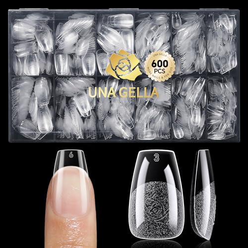 UNA GELLA 600Pcs Short Coffin Nail Tips, Short Coffin Gel Nails Tips Pre Etched 12 Sizes Soft Gel Fake Nails Tips Pre-file Full Cover for Nail Extension Home DIY Salon with Box