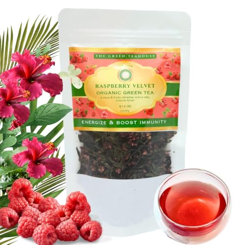 Raspberry Velvet Green Tea, Caffeinated, Sweet and Tart, Fruity Raspberry, Super Antioxidant Loose Leaf, Resealable Packet