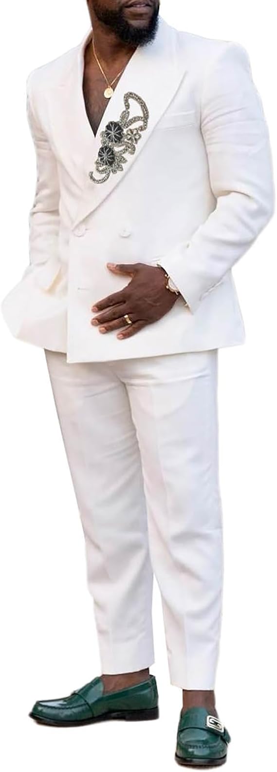 Men's Rhinestone Linen Blazer&Pants Lightweight 2 Pieces Beaded FormalDouble Breasted Peaked Lapel Wedding Suit