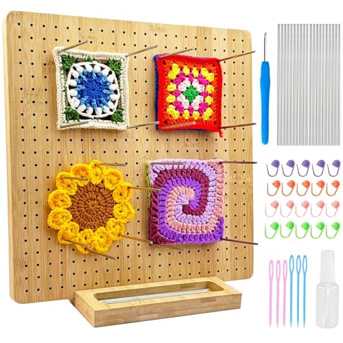 Hobekoee 13 Inch Crochet Blocking Board with 20 Pegs,Granny Square Blocking Boards for Crocheting Projects,Bamboo Crochet Blocking Mats Mats Presents for Mothers,Grandmothers