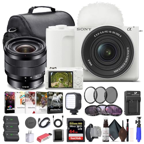Sony Alpha ZV-E10 II Mirrorless Camera with 16-50mm Lens White ZVE10M2KW - Sony E 10-18mm Lens, 64GB Memory Card, Filter Kit, Photo Software, Bag, 2 x NP-FZ100 Battery, More