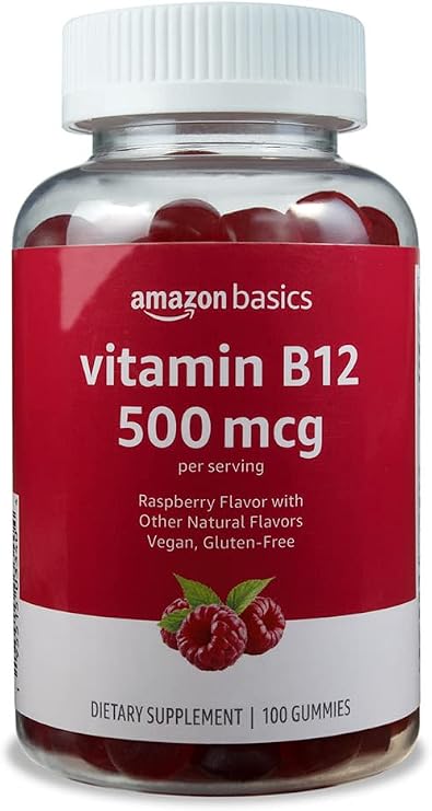 Amazon Basics Vitamin B12 500 mcg Gummies for Energy Production, Metabolism and Immune System Support, Raspberry Flavor, 100 Count