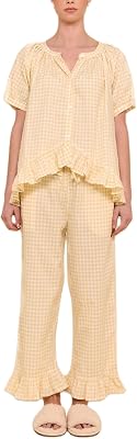 Argeousgor Women Plaid 2 Piece Pajama Set Button Down Puff Sleeve Babydoll Shirt Gingham Pants Pj Lounge Set Sleepwear