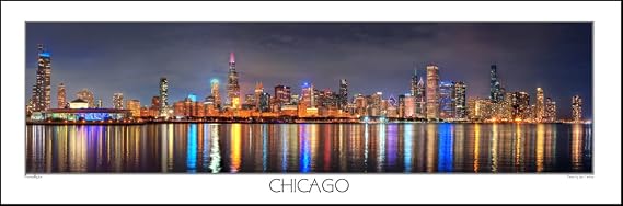 PHOTOSBYJON Chicago Skyline Night 2021 Border UNFRAMED Photo Poster Print Color Downtown 11.75 inches x 36 inches Archival Photographic Panorama Picture