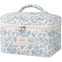 Givurao Large Makeup Bag, Cute Cosmetic Bag for Women Girls Floral Coquette Aesthetic Toiletry Bag Travel Make Up Organizer Bag (Blue)
