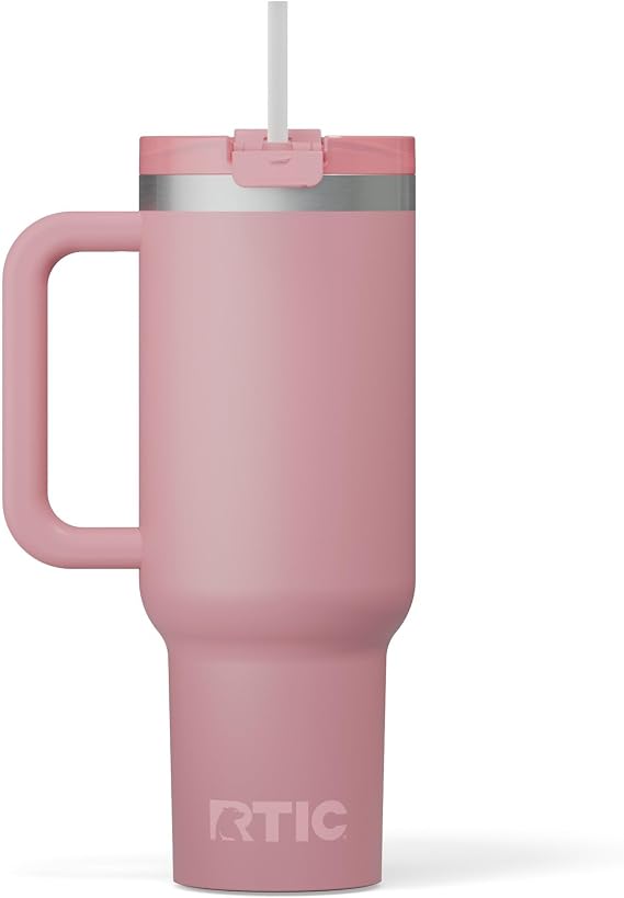 RTIC 40 oz Road Trip Tumbler Double-Walled Cermaic Lined Insulated Stainless Steel Portable Travel Coffee Mug Cup with Lid, Handle and Straw, Dusty Rose