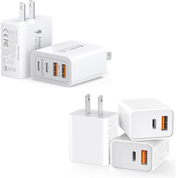 3-Pack 20W Wall Charger Durable Dual Port QC+PD 3.0 Power Adapter & 2-Pack 40W 4-Port USB and C Charger Block