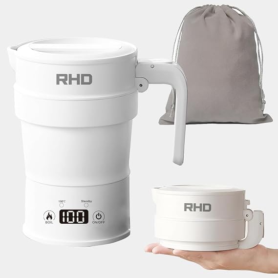 RHD 0.7L Foldable Electric Kettle, Portable Camping Kettle with with Real-time Temp Display,Collapsible Travel Kettle, Silicone Boiling Device Auto-stop for Outdoor Camping,1000W Fast Heating
