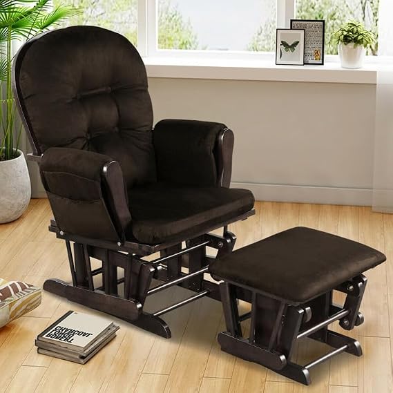 Nursery Rocking Chairs Nursery Glider Rocking Chair Wood Baby Rocker with Ottoman Cushion Upholstered Nursing Chair with Padded Arms (Brown)